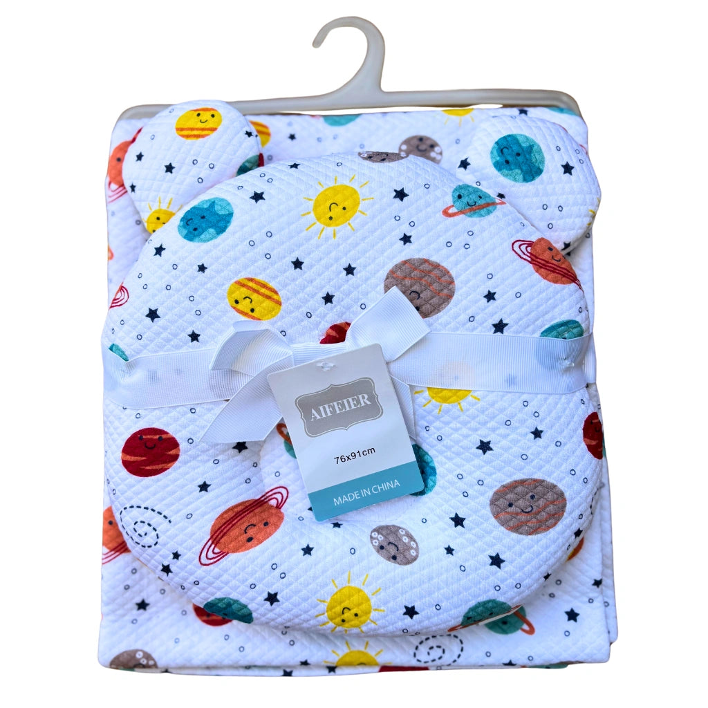 Premium Baby Summer Cotton Blanket & Head-Shaping Pillow Set -- Planets