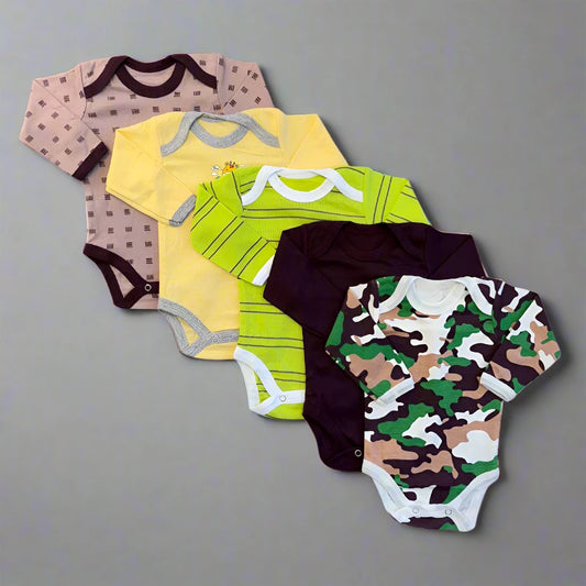 A set of five unisex baby bodysuits by Carter's displayed in a fan-like arrangement on a gray background showcases various designs: brown checkered, solid yellow, green and yellow striped, black and white, and green camouflage prints. Each bodysuit features convenient snap closures and is made from premium fabric for optimal comfort.