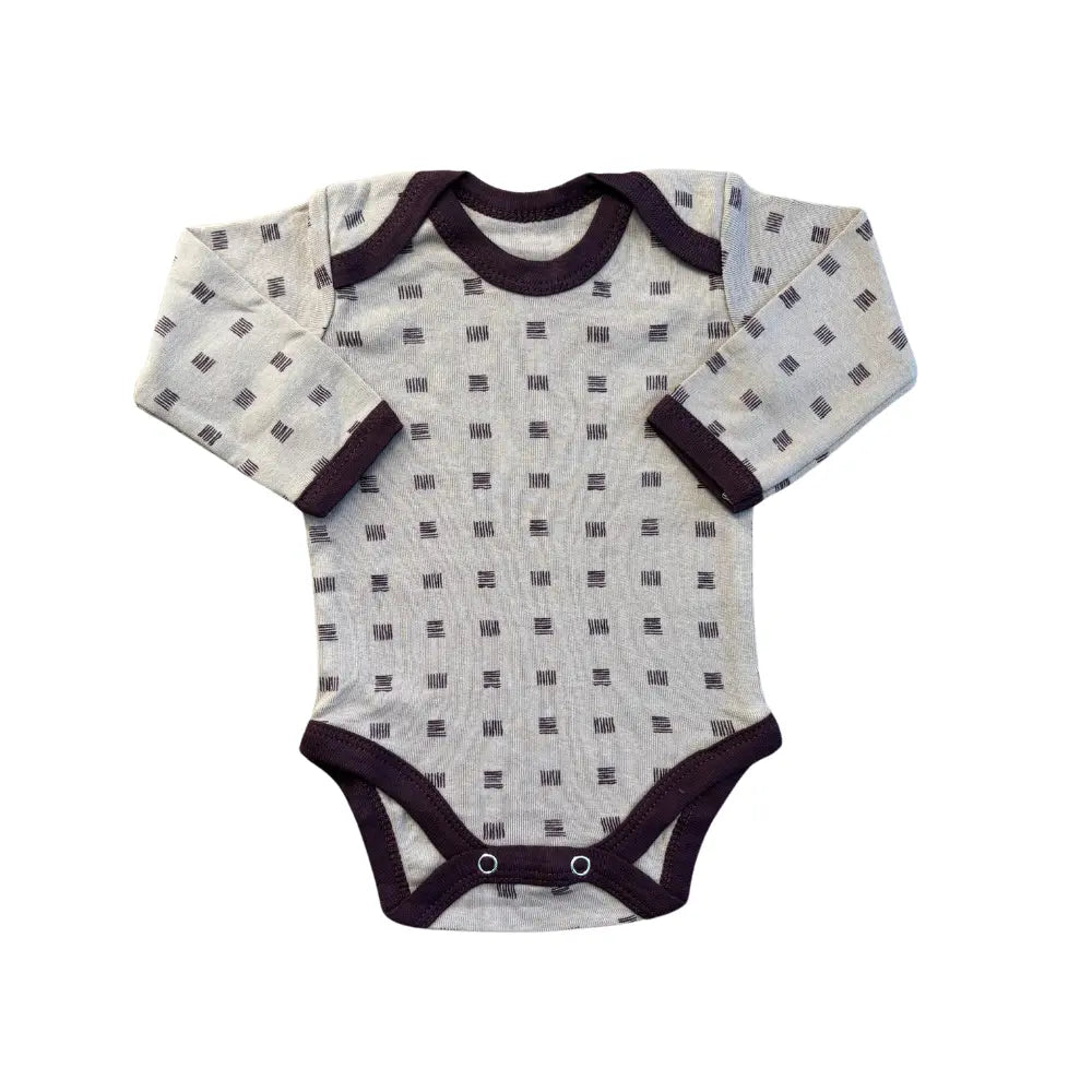 Introducing the Carter's Unisex Baby Multi-Color Pack of 5 Full-Sleeve Bodysuits—a collection crafted from premium fabric, featuring a beige base adorned with small gray squares. Each bodysuit is designed to be unisex and includes dark brown trim along the neckline, sleeves, and leg openings, complemented by convenient snap closures at the bottom for easy changing.