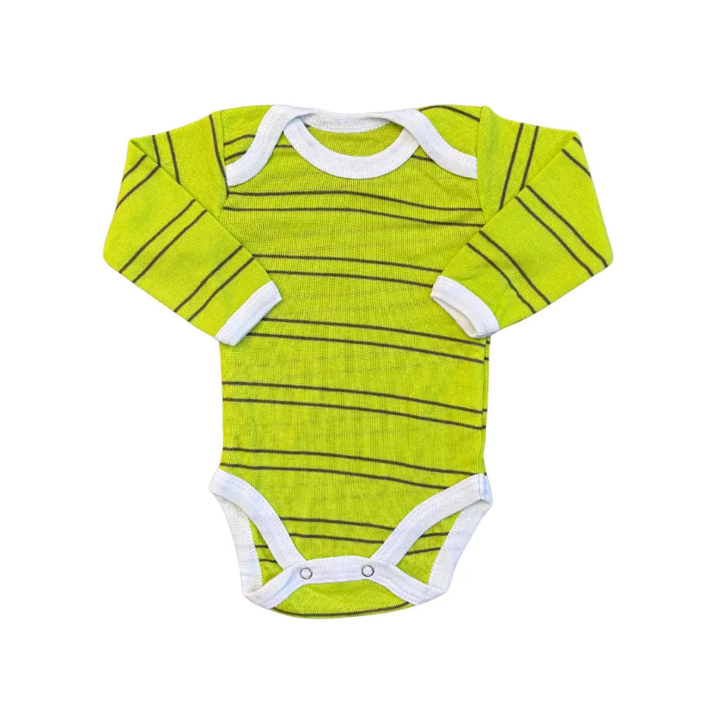 The Unisex Baby Multi-Color Pack of 5 Full-Sleeve Bodysuits by Carter's includes a lime green and black striped onesie, featuring premium fabric with white trim and convenient snap closures at the crotch, displayed against a white background.