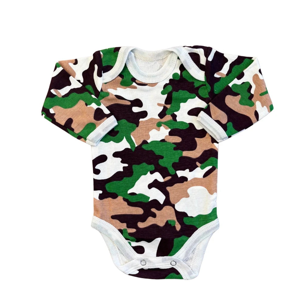 Carter's offers a unisex baby bodysuit from their Multi-Color Pack of 5 Full-Sleeve Bodysuits, featuring a green, black, brown, and beige camouflage pattern. It's crafted from premium fabric with long sleeves and convenient snap closures at the bottom.