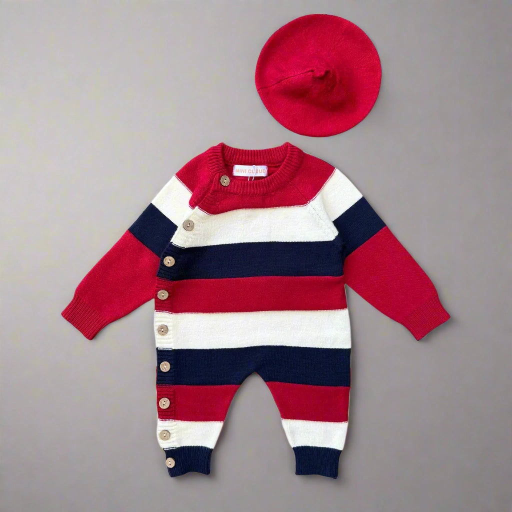 Children's sweater with red, white, and blue stripes and a matching hat on a white background