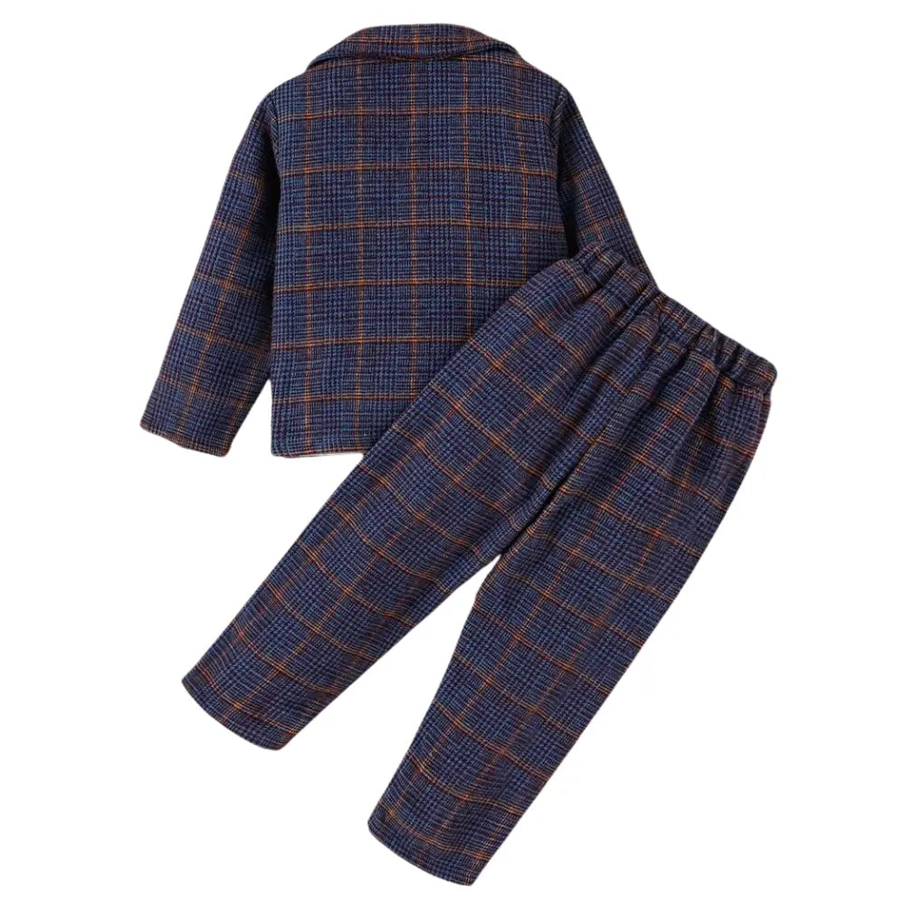 The SHEIN Baby Boy Plaid Print Lapel Neck Blazer & Pants features a matching blue and orange ensemble without the tee, offering a comfortable fit with a collared blazer and elastic waistband pants. Ideal for stylish outings, this premium set is displayed on a white background.