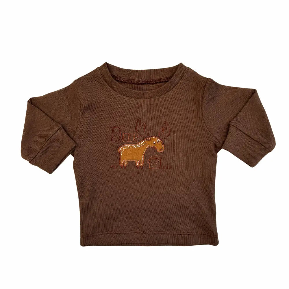 Introducing the Alaya Junior Unisex Baby 2 PCS Cotton Imported Shirt and Trouser Set, featuring a brown long-sleeve shirt crafted from soft cotton baby clothes. This stylish piece is adorned with elegant deer embroidery, a charming moose illustration, and the word "DEER" beautifully embroidered in orange on the front. A versatile baby outfit perfect for any occasion.