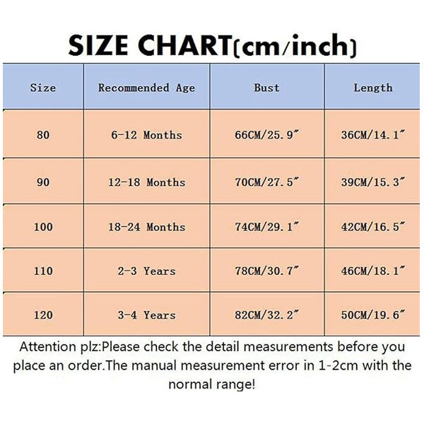 Size chart for the Alaya Junior Blue Unisex Ultra-Lightweight Puffer Jacket with Hood for Baby/Toddlers, listing sizes 80, 90, 100, and 120. It includes recommended ages, bust measurements, and lengths in both centimeters and inches. A note at the bottom advises checking measurements before ordering and mentions a 1-2cm error margin.