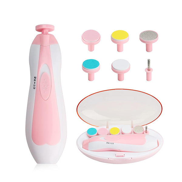 Discover the Electric Baby Nail Trimmer with 6 Grinding Heads by Alaya Junior, featuring a pink and white design. This set is ideal for infant nail care, offering various attachments for versatile use and comes with a convenient carrying case. It effortlessly shapes baby nails with its smooth filing action, tailored for different needs through multiple grinding heads.