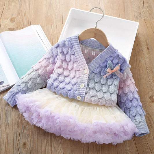 Girls Rainbow Knit Cardigan Set - Autumn Winter Baby Sweater
