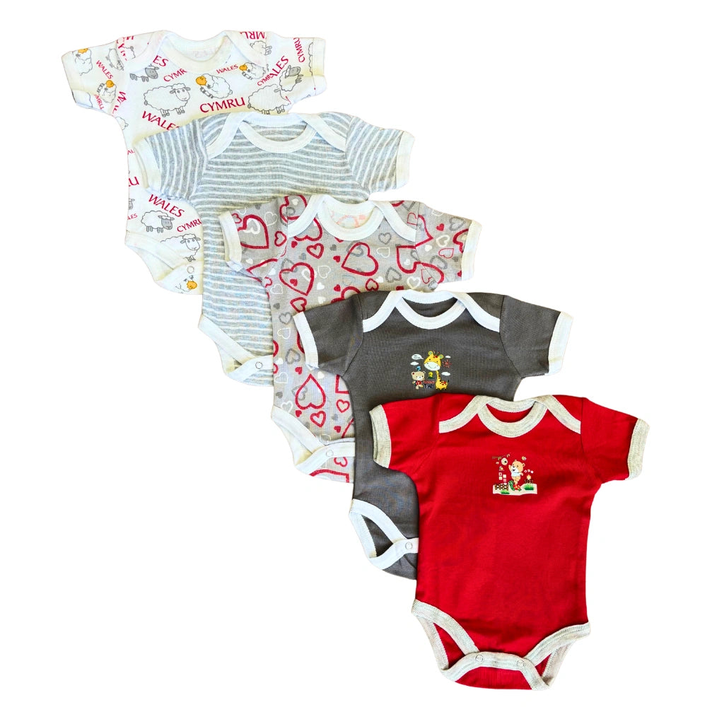 Unisex Summer Cotton Bodysuits Pack of 5 – Red & Grey Mix