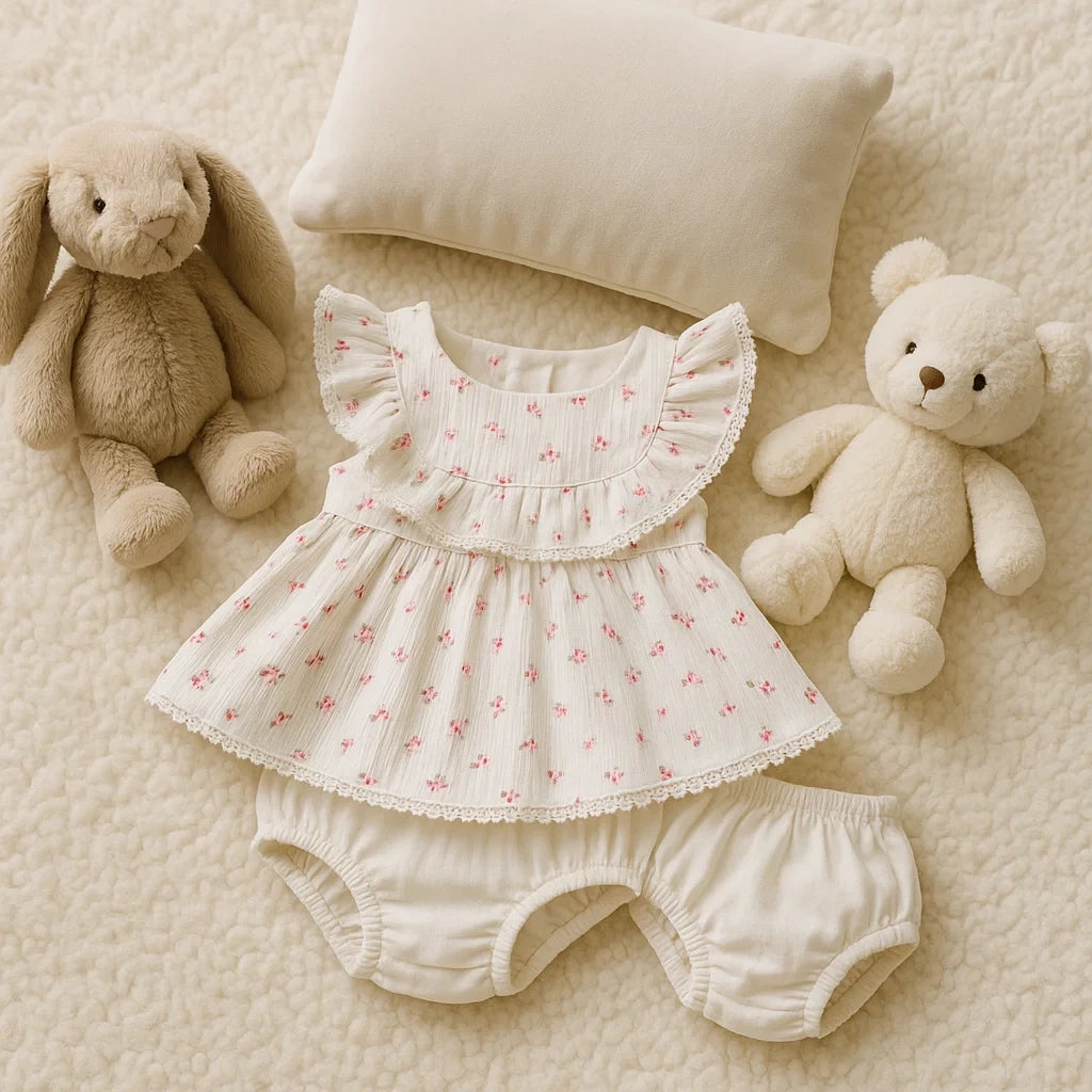 Baby Girls Embroidered Frock and Nappy Trouser Set