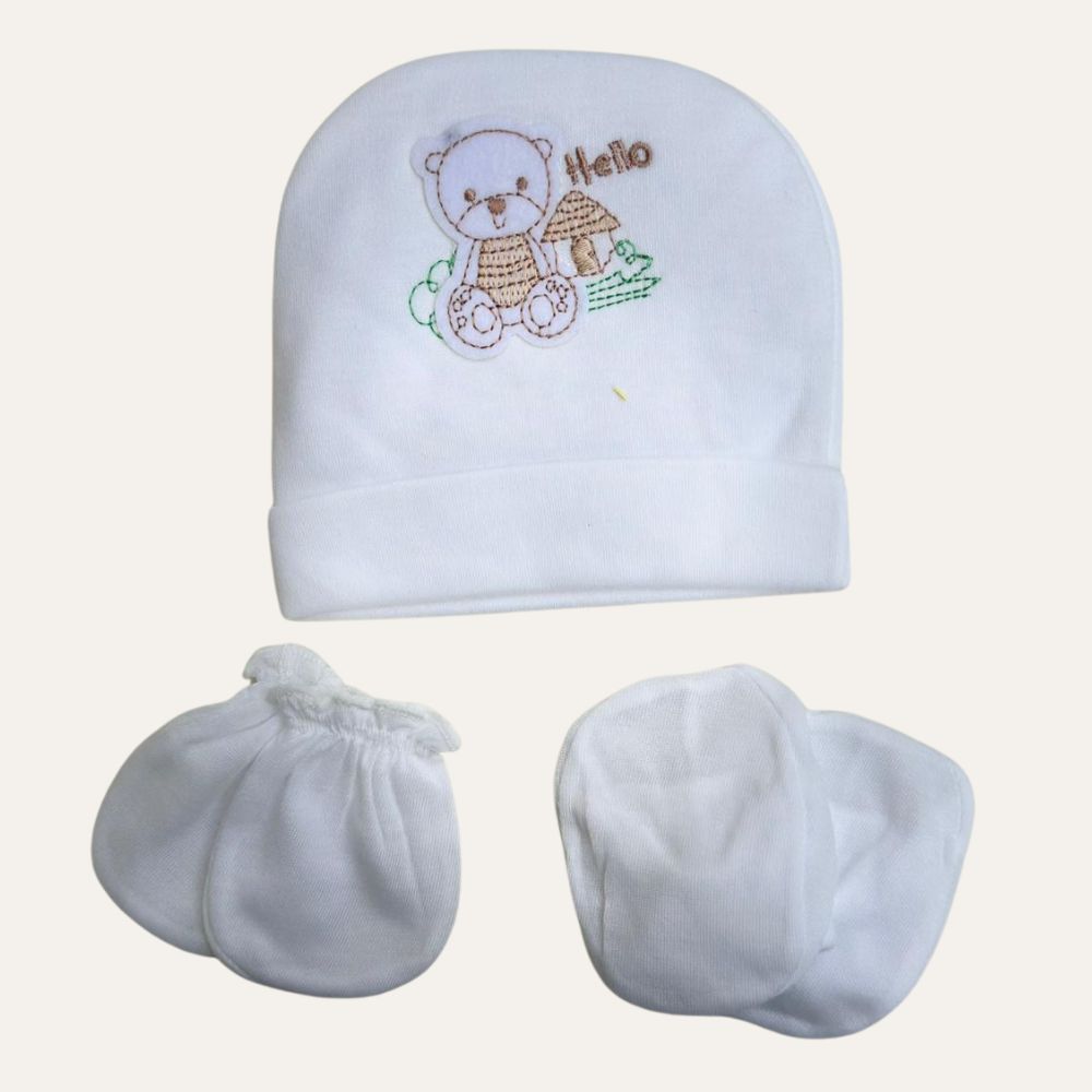 Adorable White Newborn Cap, Mittens, and Booties Set - Little Theme Unisex Delight
