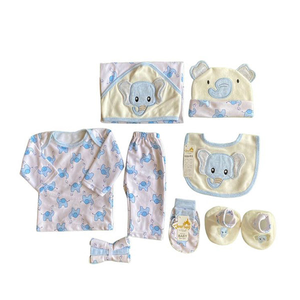 Introducing the Alaya Junior Winter Newborn Starter Set, a cozy 11-piece velvet collection featuring playful blue elephant designs. This pastel-colored set includes a shirt, pants, bib, hat with ears, socks, mittens, booties, hooded towel, and hairband.
