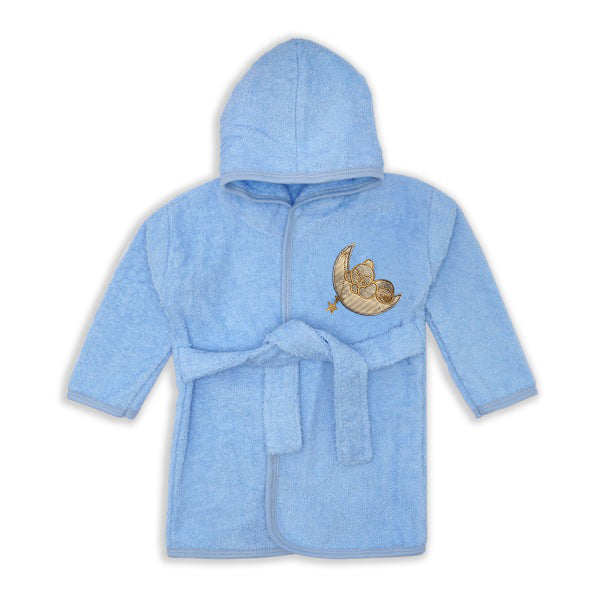 Pictured is the Alaya Junior Cotton Baby Bathrobe with Hood, a fluffy, light blue children's robe designed with a hood and long sleeves. Perfect for baby clothing in Pakistan, this bathrobe includes a tie belt at the waist and an embroidered design on the front featuring a teddy bear sleeping on a crescent moon with a small star.