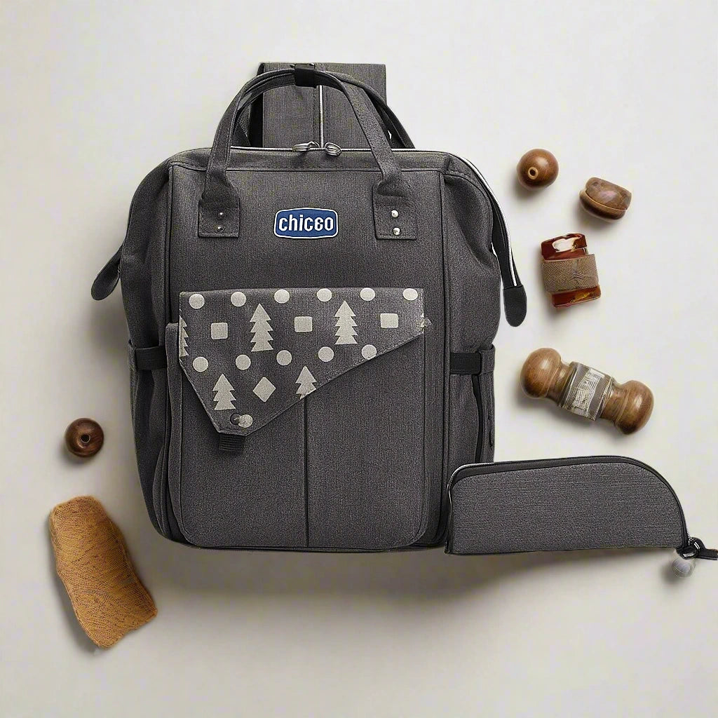 Gray diaper bag with patterned flap and Chicco logo on a white background