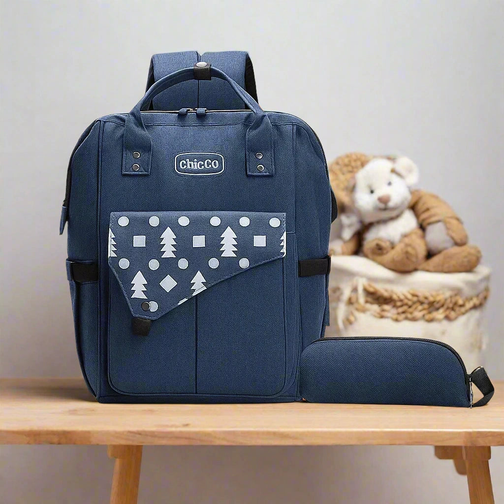 Blue backpack with a patterned pocket and chicco logo on a white background