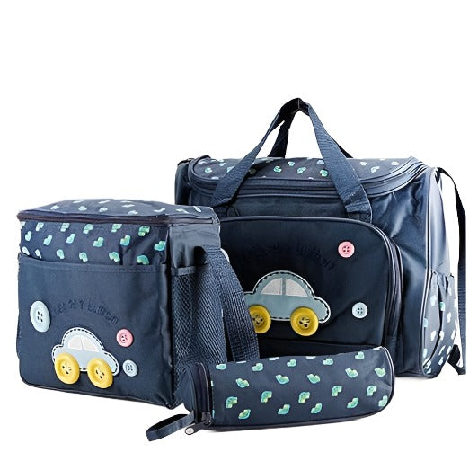 A set of three blue bags with printed designs and appliquรฉ cars, including a lunch bag, a duffel bag, and a pencil case from the Alaya Junior Baby Diaper Bag 4 PCS Set collection. Each item features button details and dotted patterns, crafted from stylish skin-friendly material suitable for all mommy diaper bag needs.
