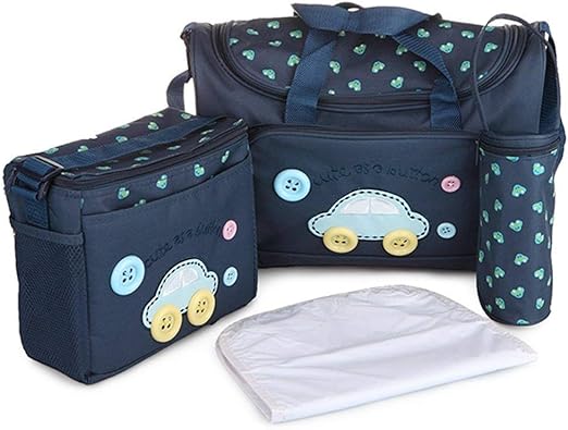 The Alaya Junior Baby Diaper Bag 4 PCS Set includes a striking set of blue diaper bags adorned with car designs and colorful button wheels. This collection consists of a large shoulder bag, an insulated bottle holder, a smaller bag, and a changing matโall made from stylish skin-friendly material in a cohesive blue and green pattern. Ideal for organizing baby care essentials!