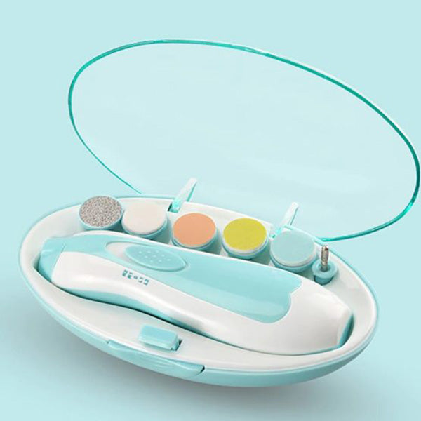 An Alaya Junior Electric Baby Nail Trimmer, featuring a teal and white open oval-shaped case, is designed for infant nail care. The set includes a portable nail trimmer with a nail file tool and six interchangeable grinding heads, each with a unique color and texture, neatly organized inside the case.