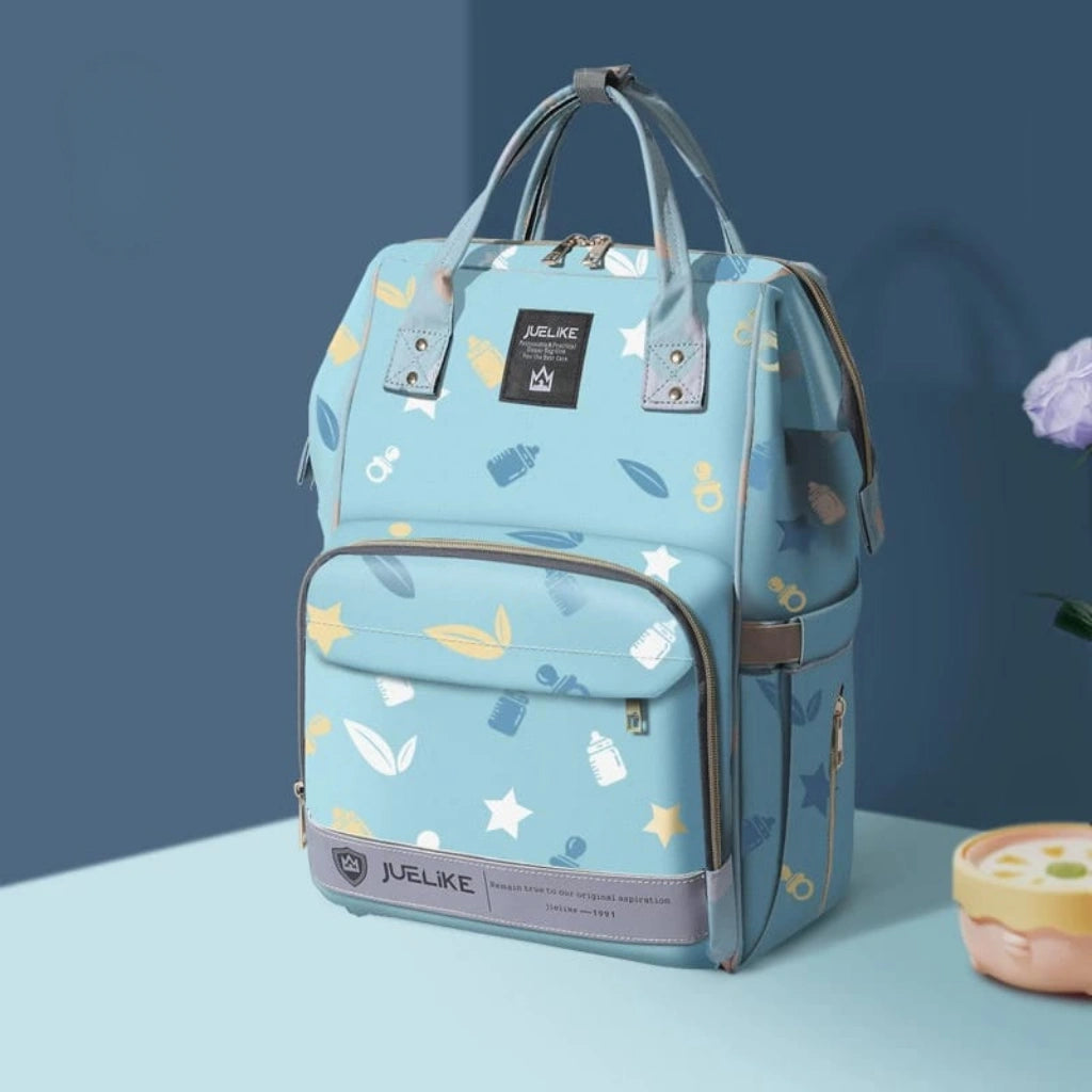 Light blue backpack with patterns on a blue background