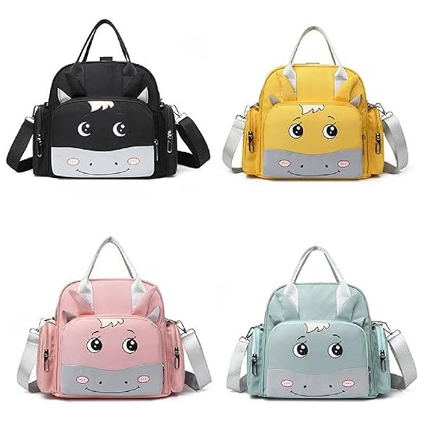 Introducing the Alaya Junior Luxury Multi-function Mother Backpack Cartoon Waterproof Diaper Bag in black, yellow, pink, and teal. Each of these animal-themed bags features a cute face with large eyes and small ears. Perfect for complementing your newborn baby's wardrobe, these fashionable mummy baby bags come with short handles, adjustable shoulder straps, and zipped side pockets.