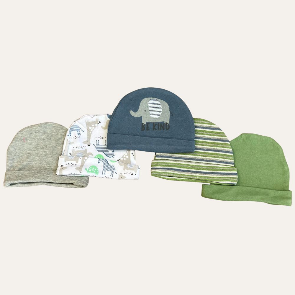Alaya Junior's "Organic Delight: 5-Pack Soft Cotton Printed Caps for Baby Boy (0-9 Months)" includes adventurous styles: solid gray, animal print, blue with elephant, green and gray stripes, and solid green.