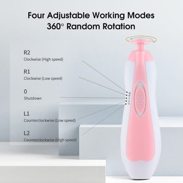 This image features the Alaya Junior Electric Baby Nail Trimmer with 6 Grinding Heads in a stylish pink and white design. It provides four adjustable modes: R2 and R1 for clockwise speeds, L1 and L2 for counterclockwise speeds, along with a shutdown mode. Ideal for gentle care of infant nails.