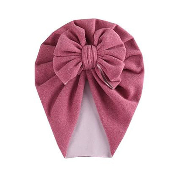 The Alaya Junior PatPat Baby / Toddler Solid Bowknot Hat is a delightful pink velvet turban adorned with a large decorative bow, perfect for stylish little ones.