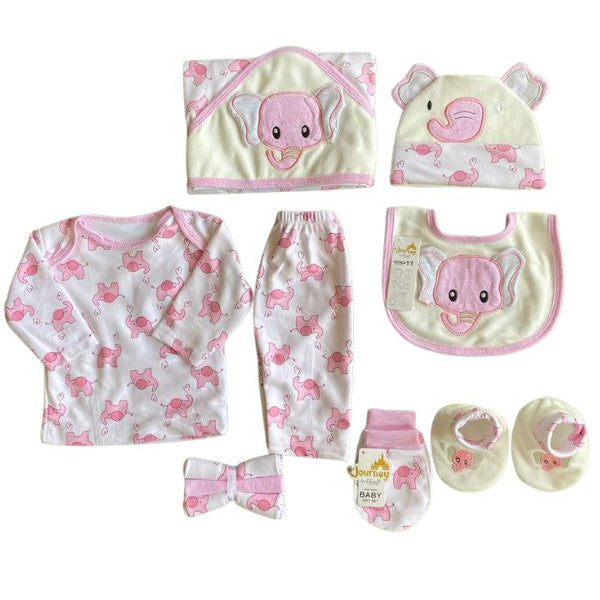 Experience Alaya Junior's Winter Velvet Newborn Starter Set, featuring 11 adorable elephant-themed pieces for your baby's cozy comfort, including a long-sleeve top, pants, hat, bib, booties, mittens, and headband.