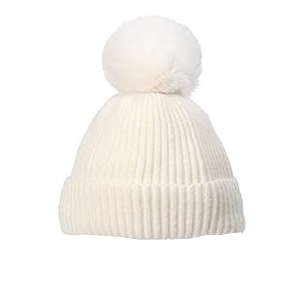 The Alaya Junior Hudson Baby Knitted Cap (0-12 Months) is cozy and cream-colored, featuring a fluffy pom-pom on top. Its ribbed texture and folded brim make it a warm, stylish choice for baby clothing in Pakistan's chilly winters.