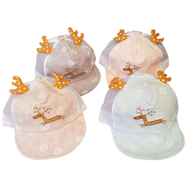 Introducing the Happy Deer Summer Cap from alayajunior: a set of four vibrant baby caps, each adorned with playful polka dots and charming deer antlers on top. Available in delightful shades of light purple, pink, yellow, and blue, these caps feature mesh panels on the sides for added breathability. Perfectly suited for newborn baby clothing in Pakistan, each cap boasts a reindeer design on the front.