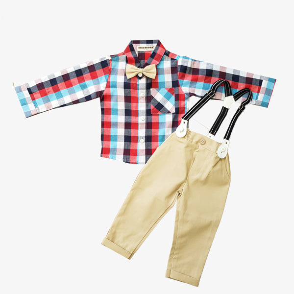 Printed Check Suit With Bow & Suspender