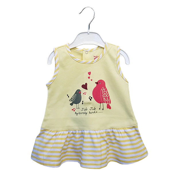 The alayajunior "Jib Jib Toddler Frock" is a sleeveless yellow dress designed for toddlers, featuring white and yellow horizontal striped trim and a bottom ruffle. The front of the dress showcases two birds in grey and red, accompanied by musical notes, hearts, and the text "My lovely birds." Ideal for infant clothing in Pakistan, the dress comes on a white plastic hanger.