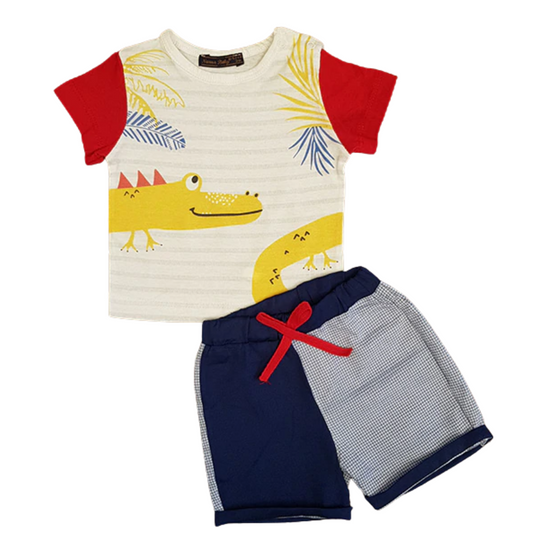 2 pcs Baby Boys Crocodile Printed Shirt & Plaided Shorts