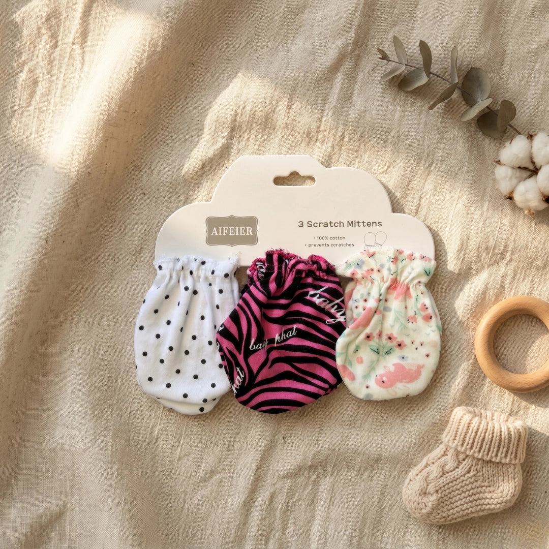 Baby Scratch Mittens — Pack of 3 | 4 Print Variants, 0–6M