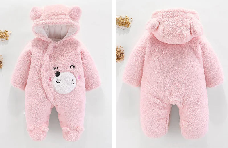 Snuggly Bear Hug: Plush Hooded Romper for Babies
