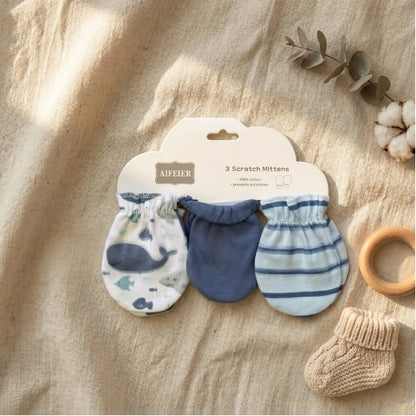 Baby Scratch Mittens — Pack of 3 | 4 Print Variants, 0–6M