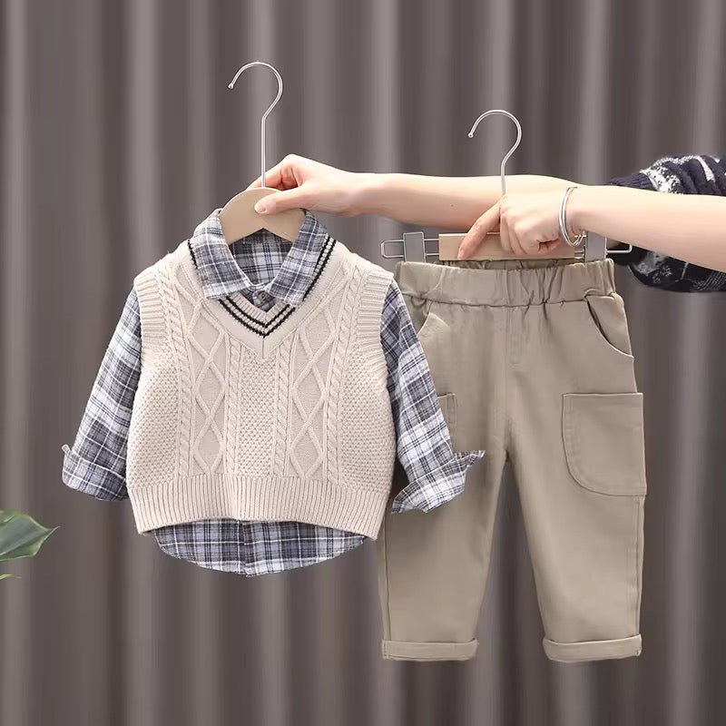 Timeless Boys' Fashion Ensemble: Knitted Sweater, Plaid Shirt, and Canvas Pants Set