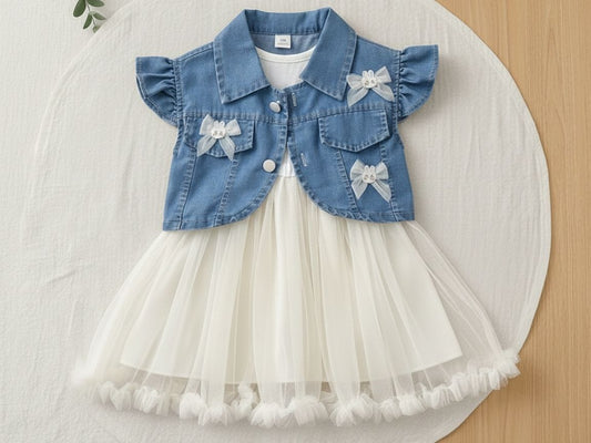 Girls Summer Party Frock with Soft Cotton Denim Jacket & Lightweight Net Dress