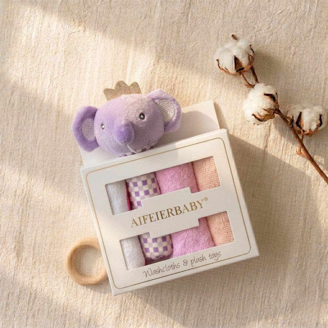 Baby Washcloths & Plush Rattle Gift Set