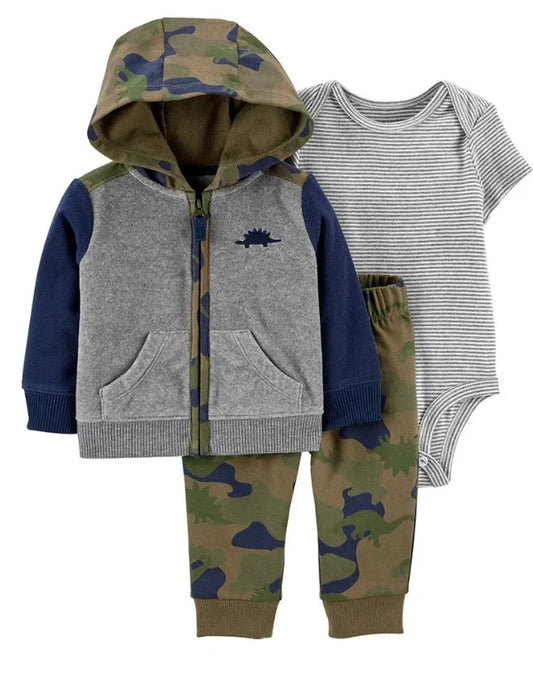 Baby-Boys Cotton 3-Piece Set - Long Sleeve Camo Printed Jacket, Bodysuit, and Pants (Pack of 3)