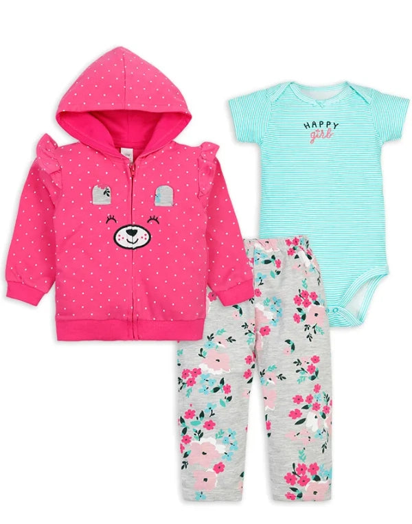 Baby-Girls Cotton 3-Piece Set - Long Sleeve Pink Jacket, Bodysuit, and Pants (Pack of 3)