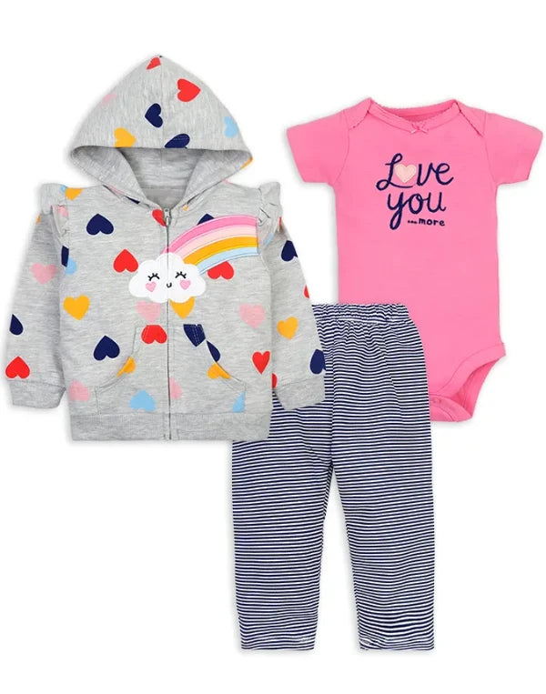 Baby-Girls Cotton 3-Piece Set - Long Sleeve Rainbow Jacket, Bodysuit, and Pants (Pack of 3)