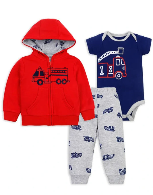 Baby-Boys Cotton 3-Piece Set - Long Sleeve Red Truck Printed Jacket, Bodysuit, and Pants (Pack of 3)