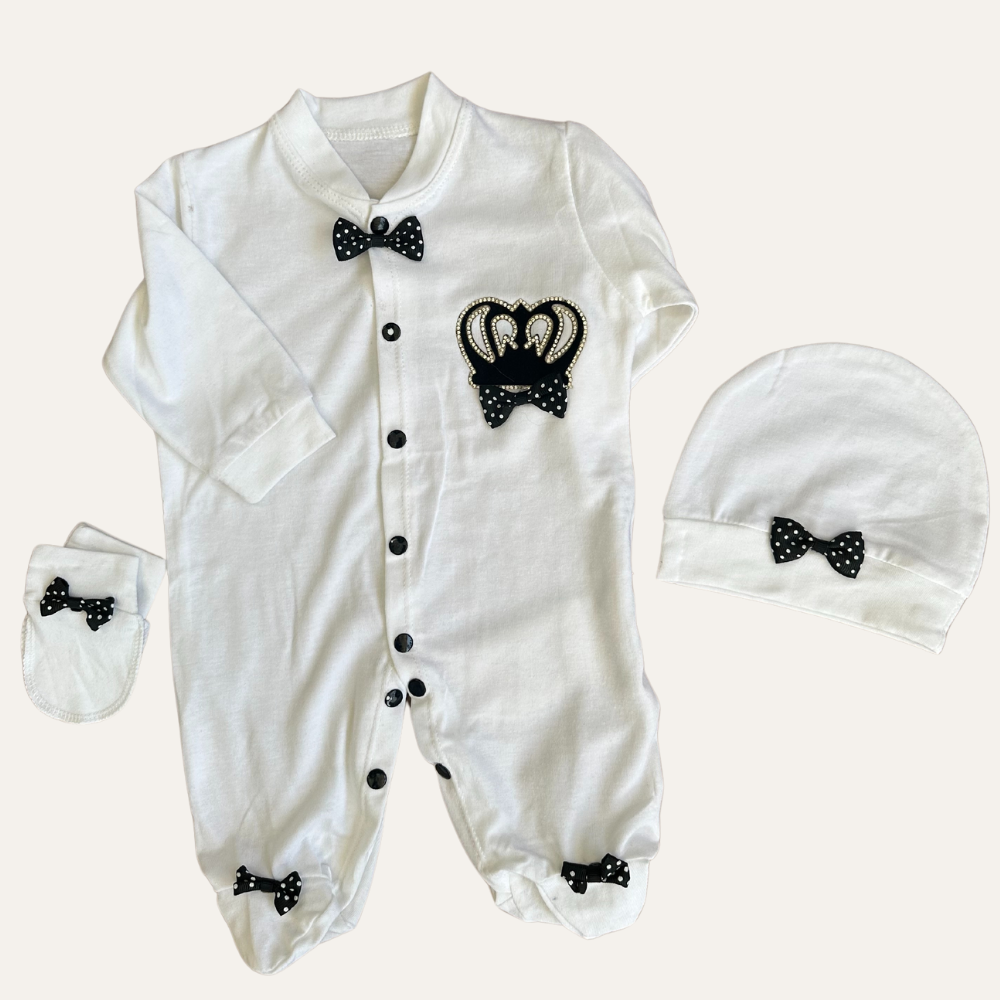 Charming Trio: MJ Baby Bow Romper Set with Mittens and Cap - Adorable Full Sleeves