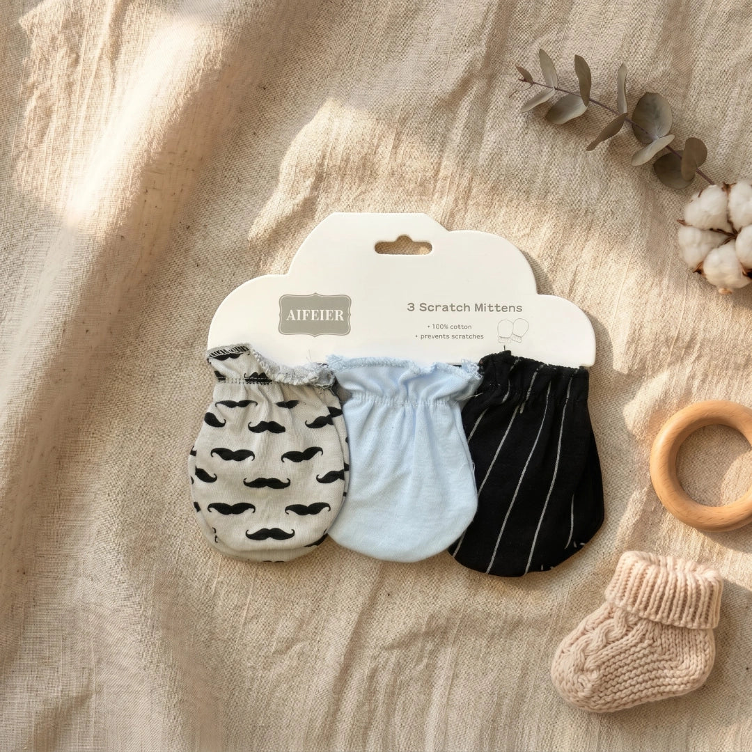Baby Scratch Mittens — Pack of 3 | 4 Print Variants, 0–6M