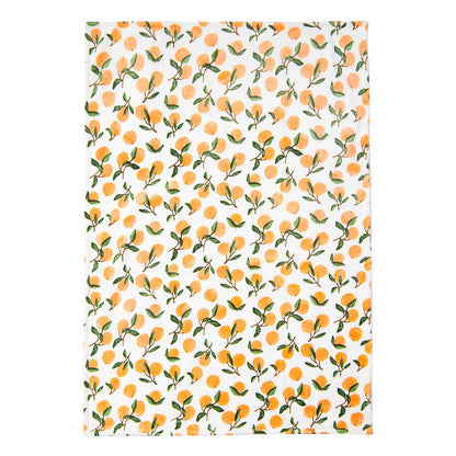 A Luvable Friends' Citrus Bliss: Unisex Sherpa-Backed Plush Blanket from Alaya Junior, featuring a white background with a repeated pattern of oranges and green leaves. The fruits are scattered evenly across the blanket, giving it a fresh and vibrant appearance, reminiscent of the playful designs often seen in newborn baby clothing in Pakistan.