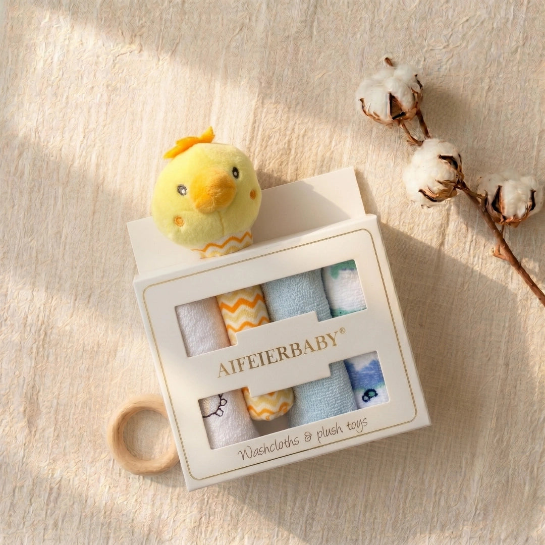Baby Washcloths & Plush Rattle Gift Set