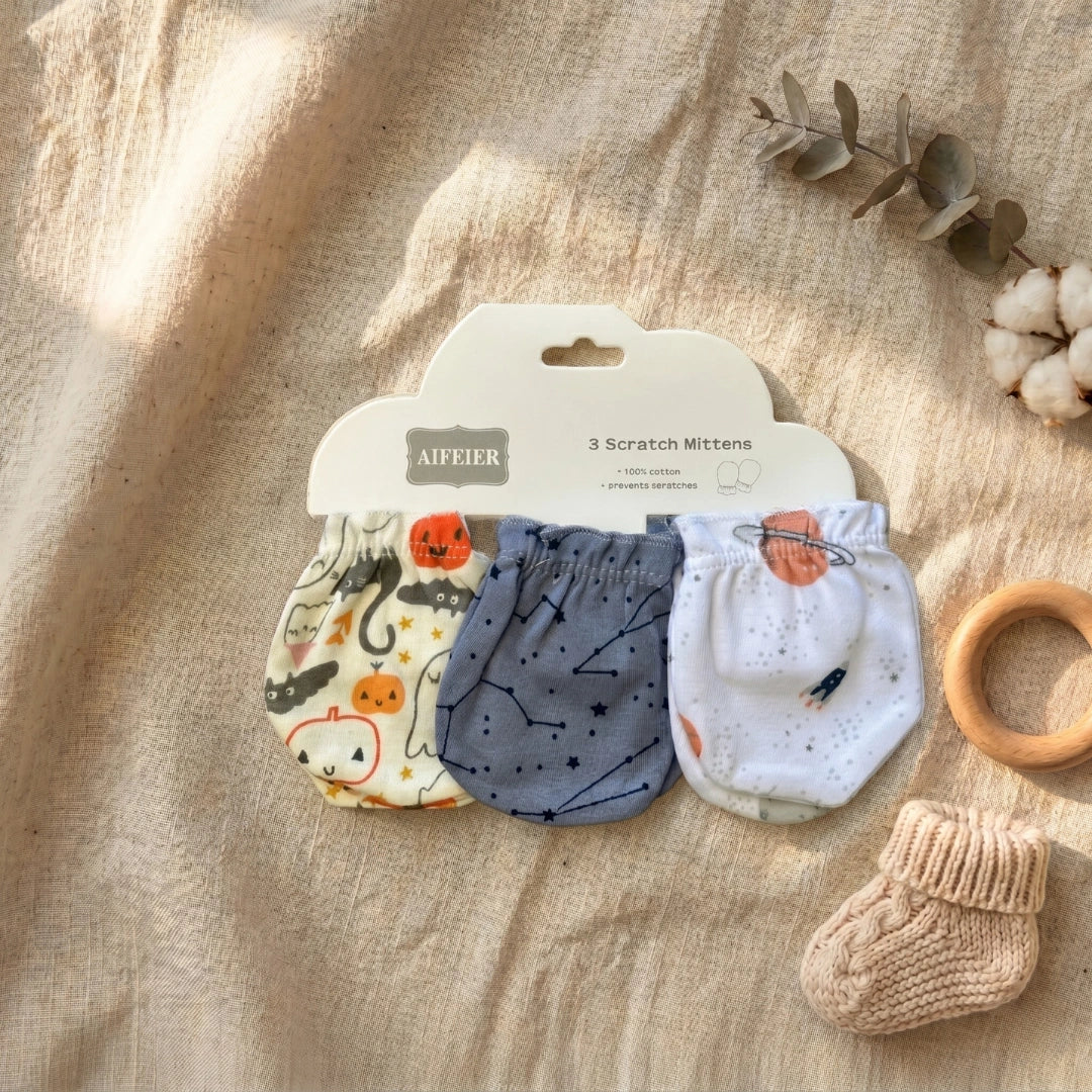 Baby Scratch Mittens — Pack of 3 | 4 Print Variants, 0–6M