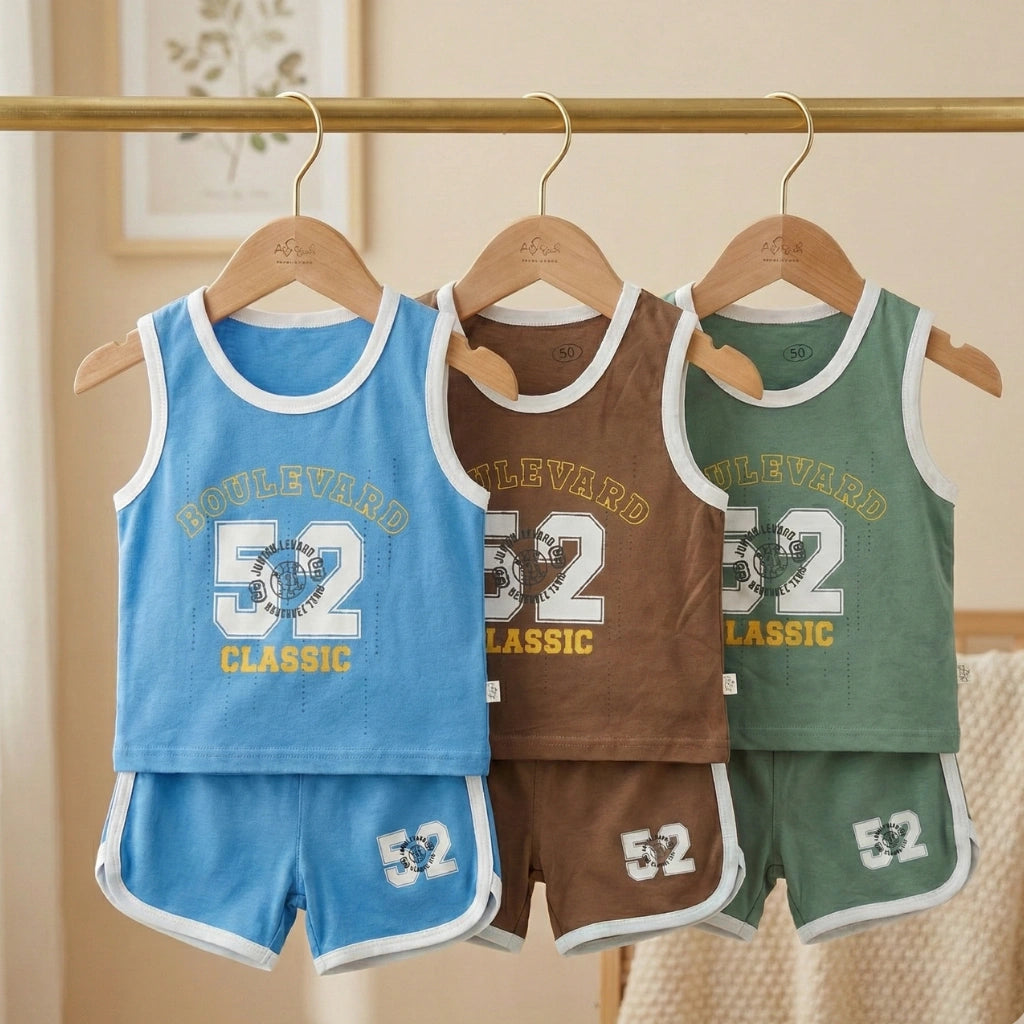 Three children's tank tops and shorts sets in blue, brown, and green hanging on a rack.