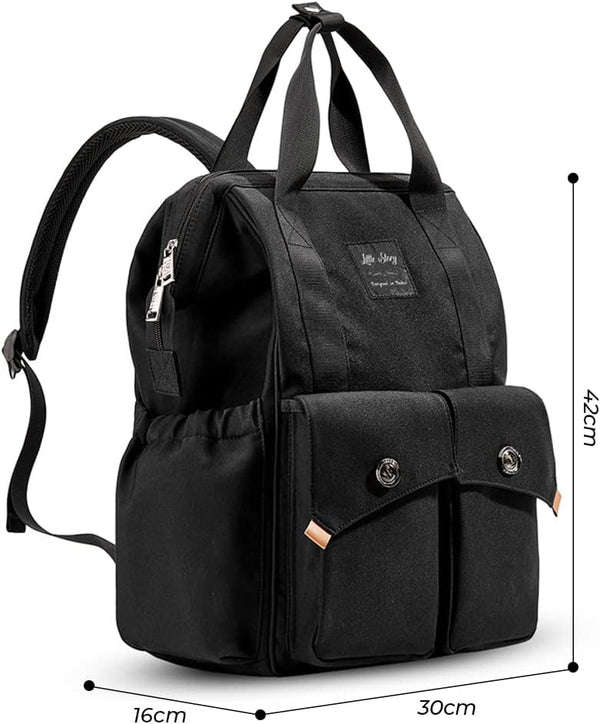 The Ellie & Luke Multifunctional Diaper Bag (Black) offers ample storage with two front pockets, a top handle, adjustable shoulder straps, and a leather patch. Its dimensions are 42cm x 30cm x 16cm.