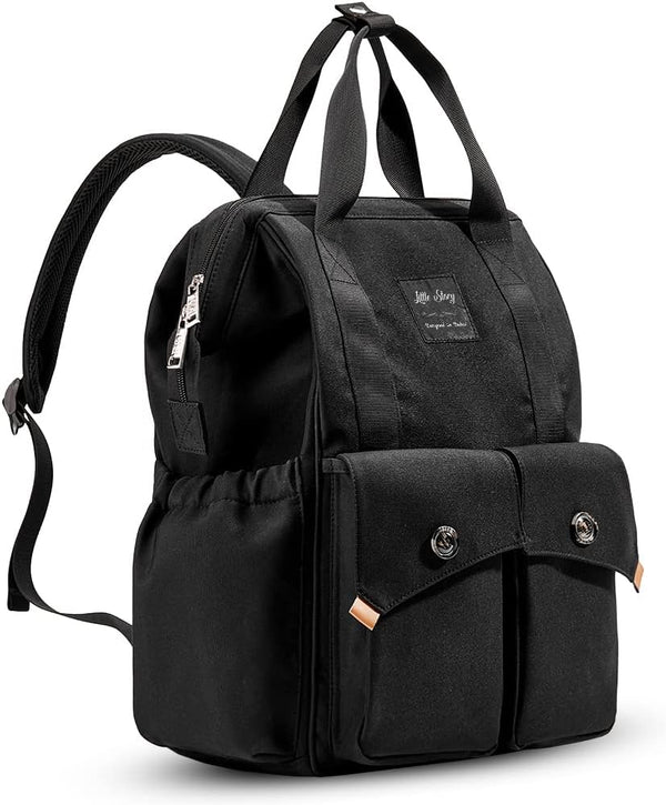 The Ellie & Luke Multifunctional Diaper Bag in black boasts a modern design with two front pockets, adjustable shoulder straps, a top handle, zippered compartments, and insulated side bottle holders for versatile carrying and ample storage.